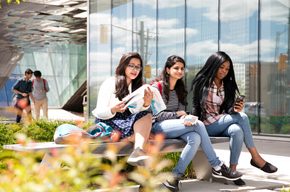 Picture of Centennial College students at the Ashtonbee campus courtyard